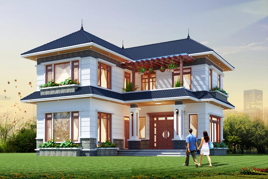 Mẫu nhà chữ L 2 tầng 5 phòng ngủ mái Nhật