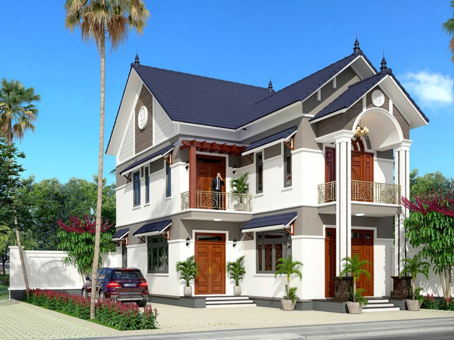 Mẫu nhà chữ L 2 tầng 5 phòng ngủ mái Thái