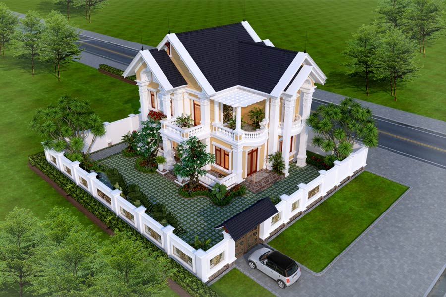 Mẫu nhà chữ L 2 tầng 5 phòng ngủ mái Thái