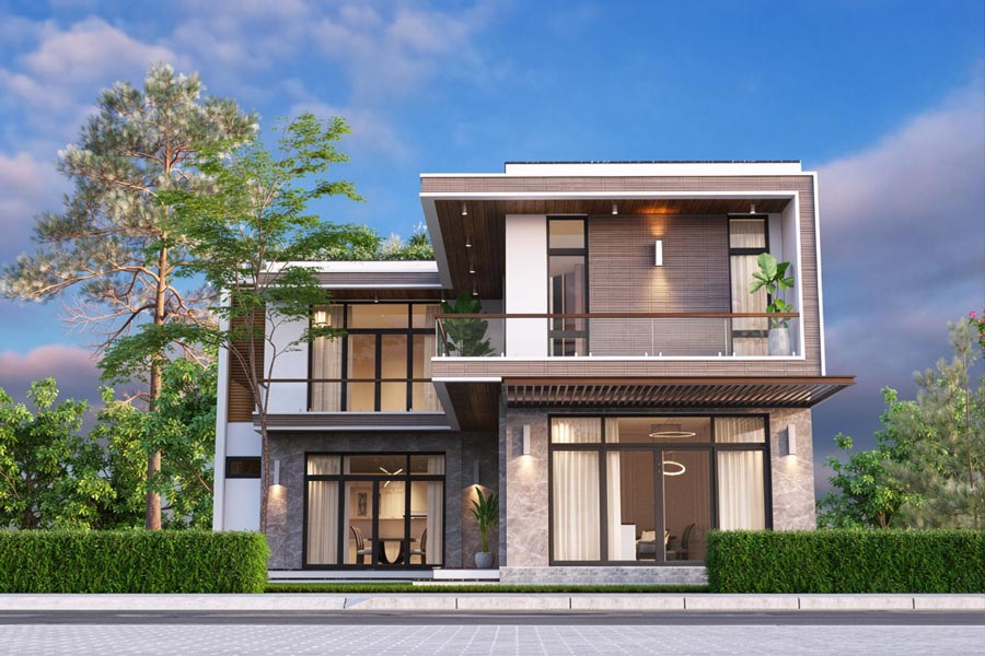 Mẫu thiết kế nhà chữ L 2 tầng 5 phòng ngủ mái bằng