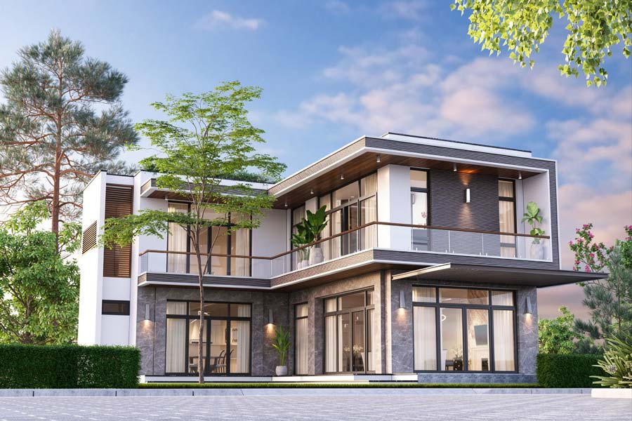 Mẫu thiết kế nhà chữ L 2 tầng 5 phòng ngủ mái bằng