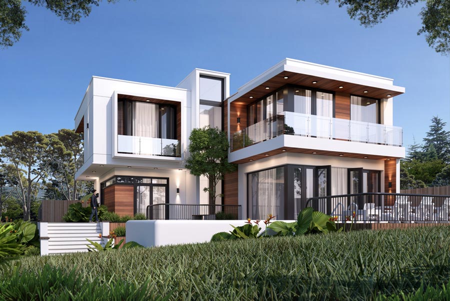Mẫu thiết kế nhà chữ L 2 tầng 5 phòng ngủ mái bằng