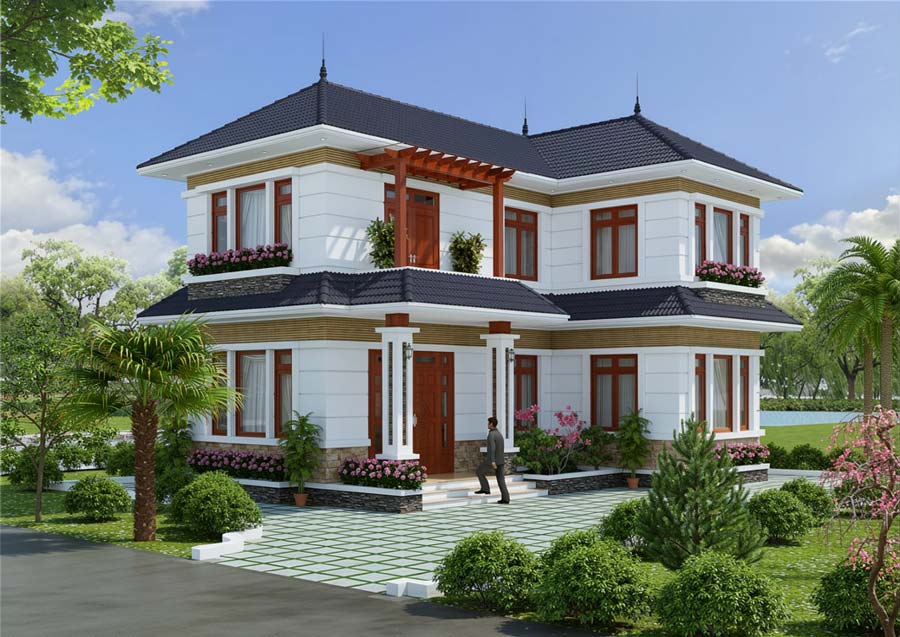 Mẫu nhà chữ L 2 tầng 5 phòng ngủ ở nông thôn