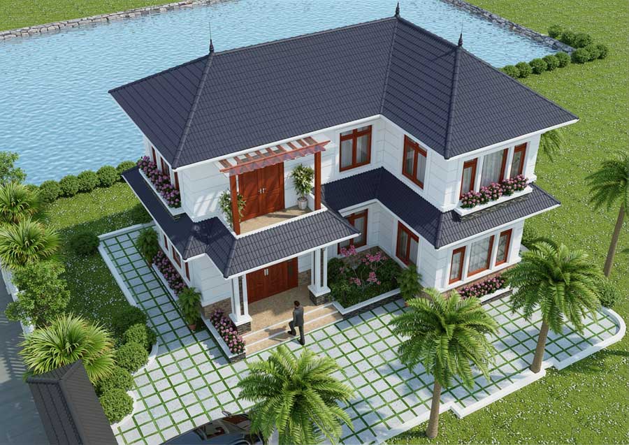 Mẫu nhà chữ L 2 tầng 5 phòng ngủ ở nông thôn