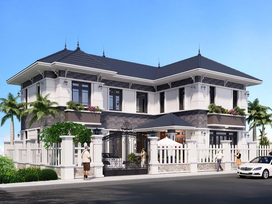 Mẫu nhà chữ L 2 tầng 5 phòng ngủ ở nông thôn