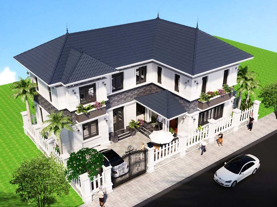Mẫu nhà chữ L 2 tầng 5 phòng ngủ ở nông thôn