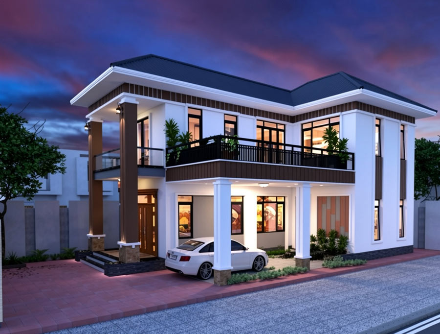 Mẫu nhà chữ L 2 tầng 60m2 2 phòng ngủ