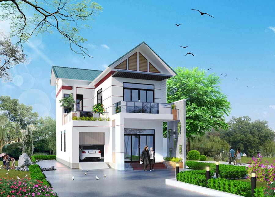 Mẫu nhà chữ L 2 tầng 60m2 có gara