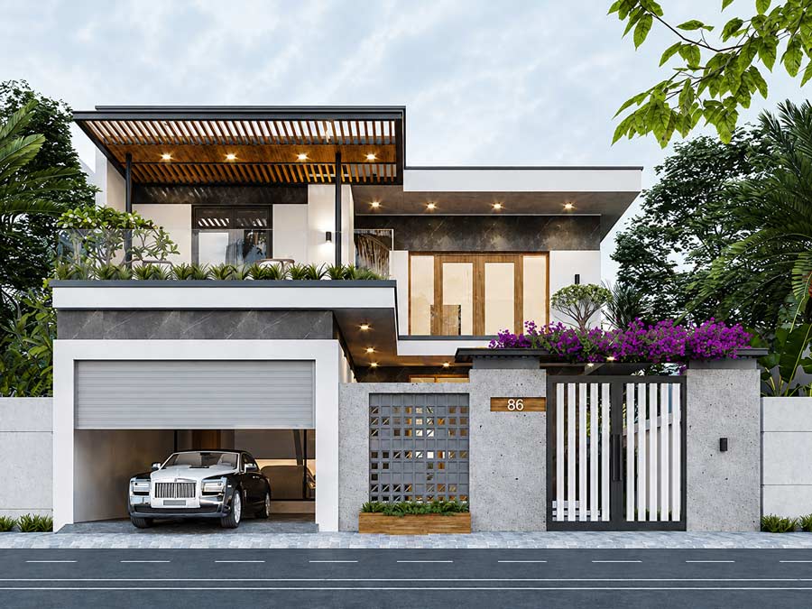 Mẫu nhà chữ L 2 tầng 60m2 có gara