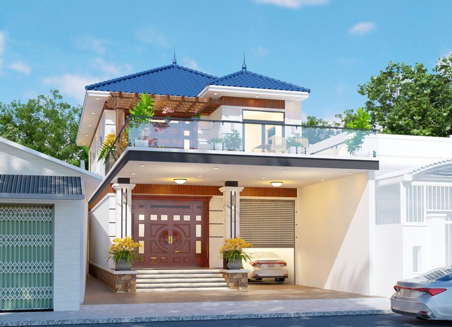 Mẫu nhà chữ L 2 tầng 60m2 có gara