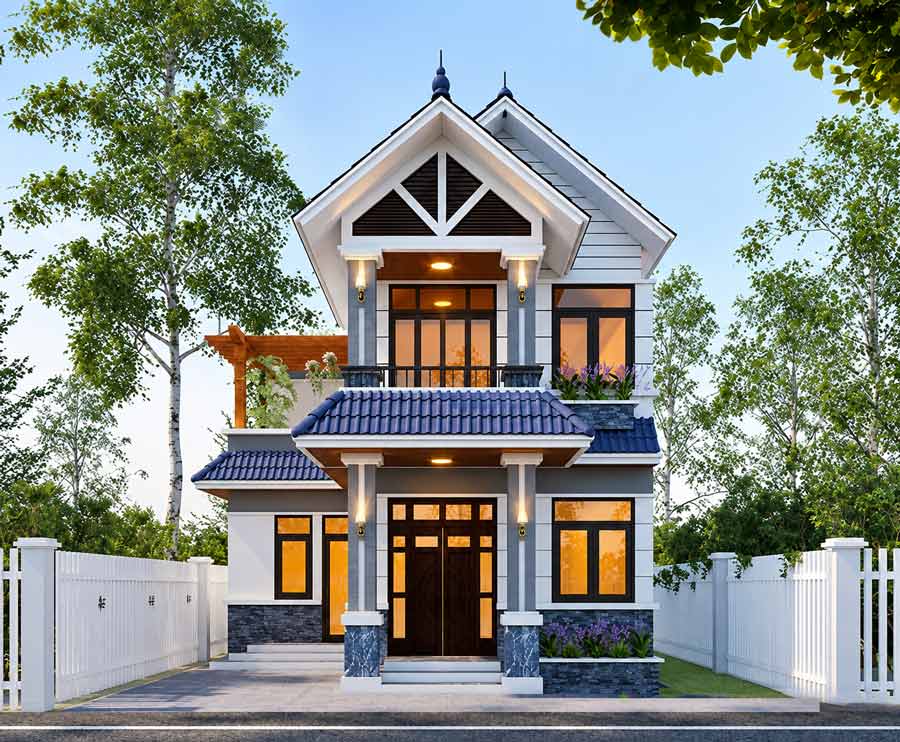 Mẫu nhà chữ L 2 tầng 60m2 có sân vườn