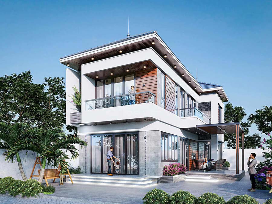 Mẫu nhà chữ L 2 tầng 60m2 có sân vườn
