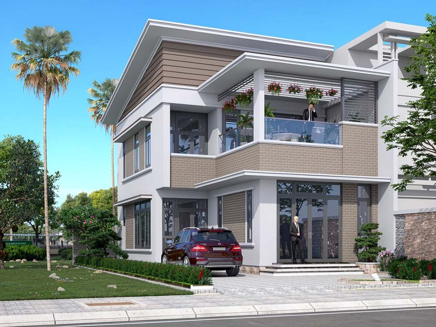Mẫu nhà chữ L 2 tầng 60m2 mái Lệch