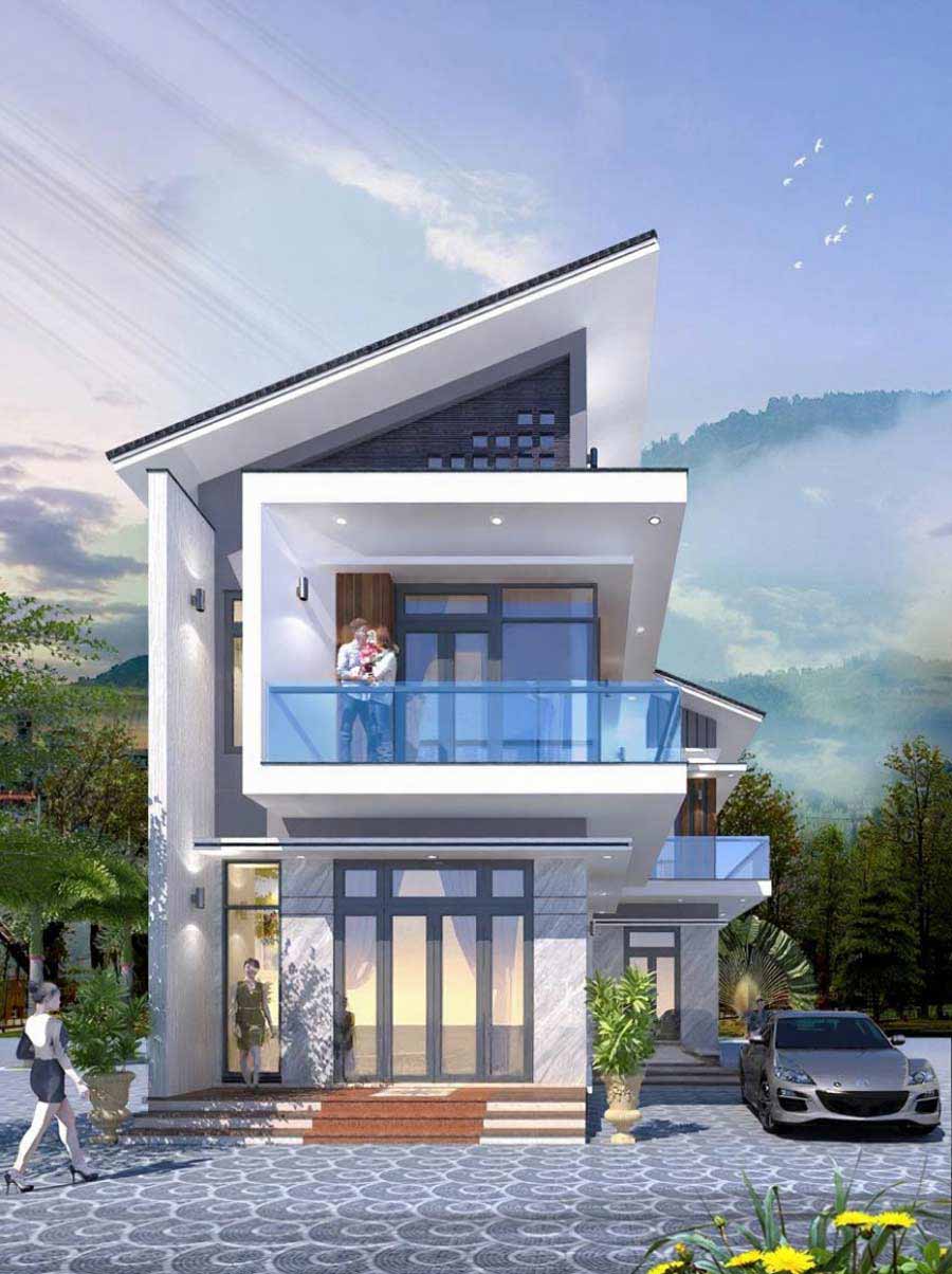 Mẫu nhà chữ L 2 tầng 60m2 mái Lệch