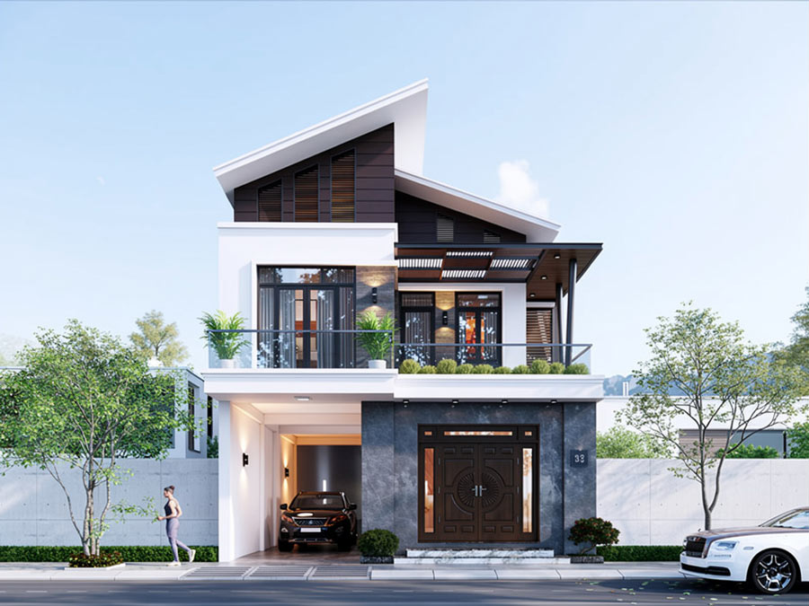 Mẫu nhà chữ L 2 tầng 60m2 mái Lệch