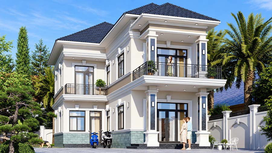 Mẫu nhà chữ L 2 tầng 60m2 mái Nhật