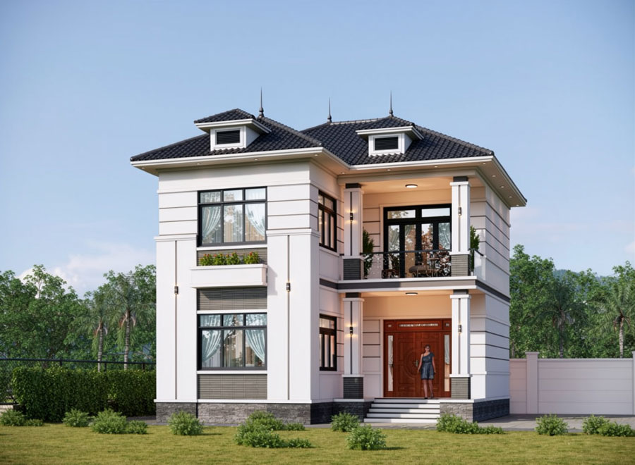 Mẫu nhà chữ L 2 tầng 60m2 mái Nhật