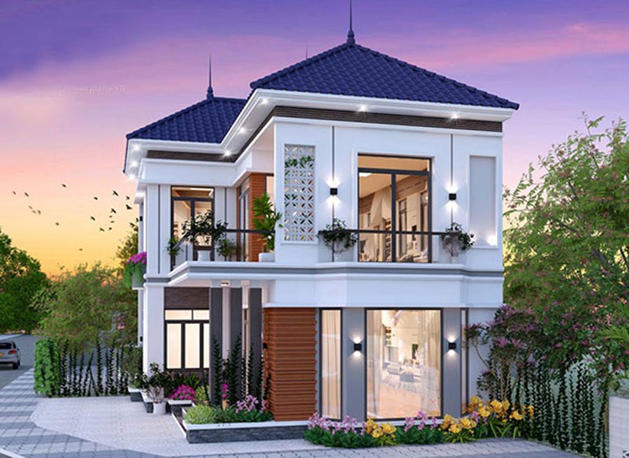 Mẫu nhà chữ L 2 tầng 60m2 mái Nhật