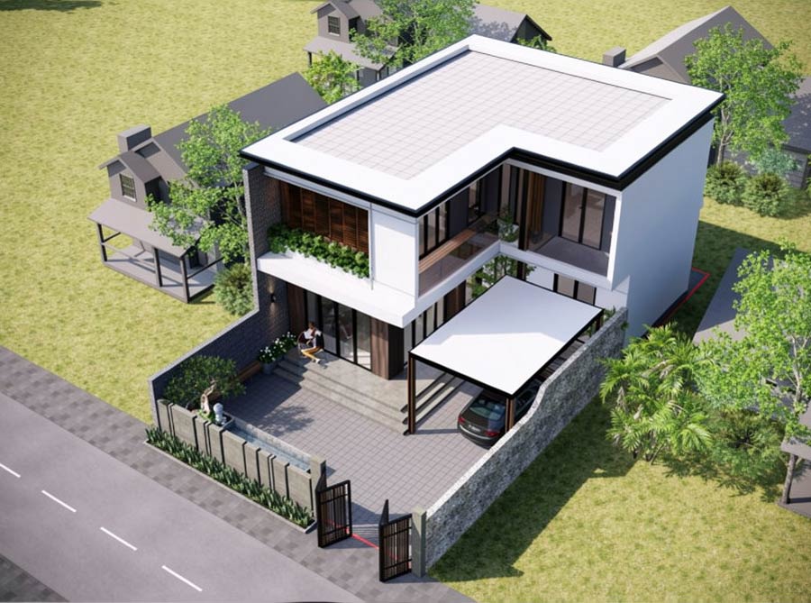 Mẫu nhà chữ L 2 tầng 60m2 mái bằng