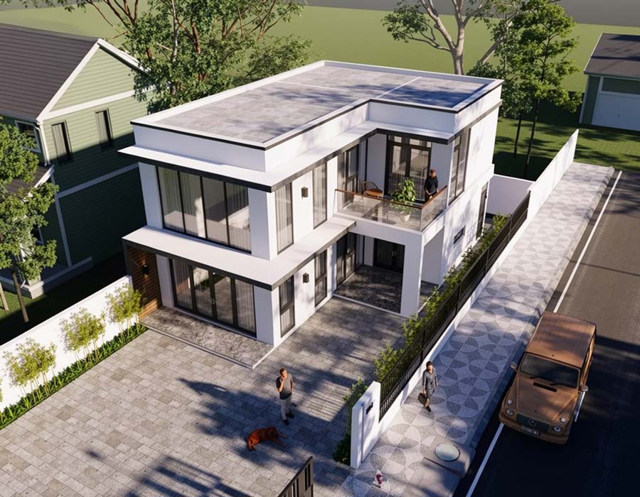 Mẫu nhà chữ L 2 tầng 60m2 mái bằng
