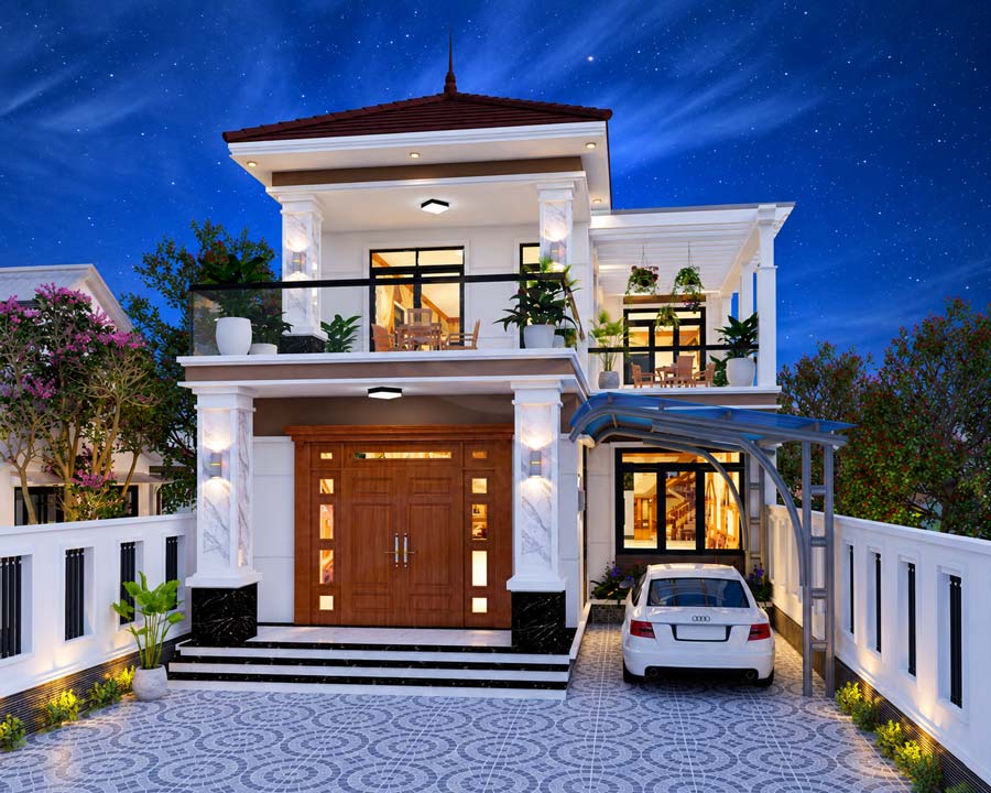 Mẫu nhà chữ L 2 tầng 70m2 3 phòng ngủ