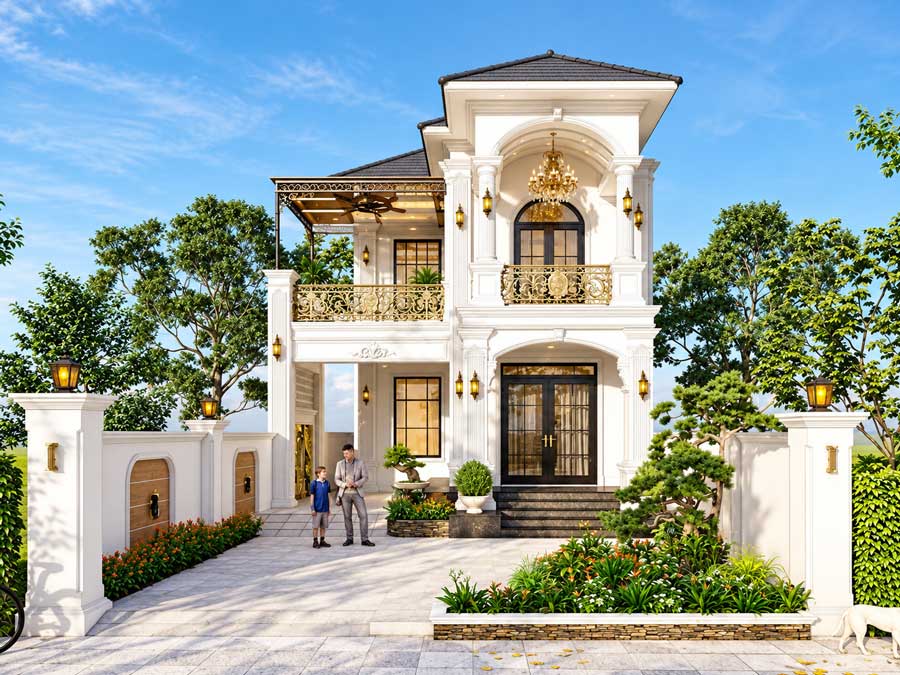 Mẫu nhà chữ L 2 tầng 70m2 tân cổ điển