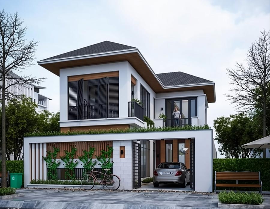 Mẫu nhà chữ L 2 tầng 70m2 có sân vườn