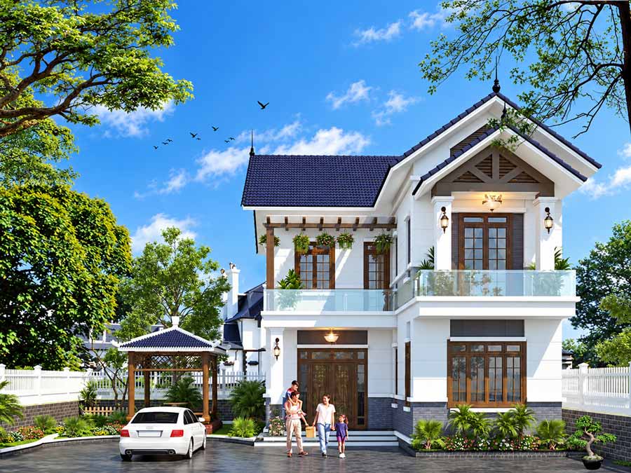 Mẫu nhà chữ L 2 tầng 70m2 có sân vườn