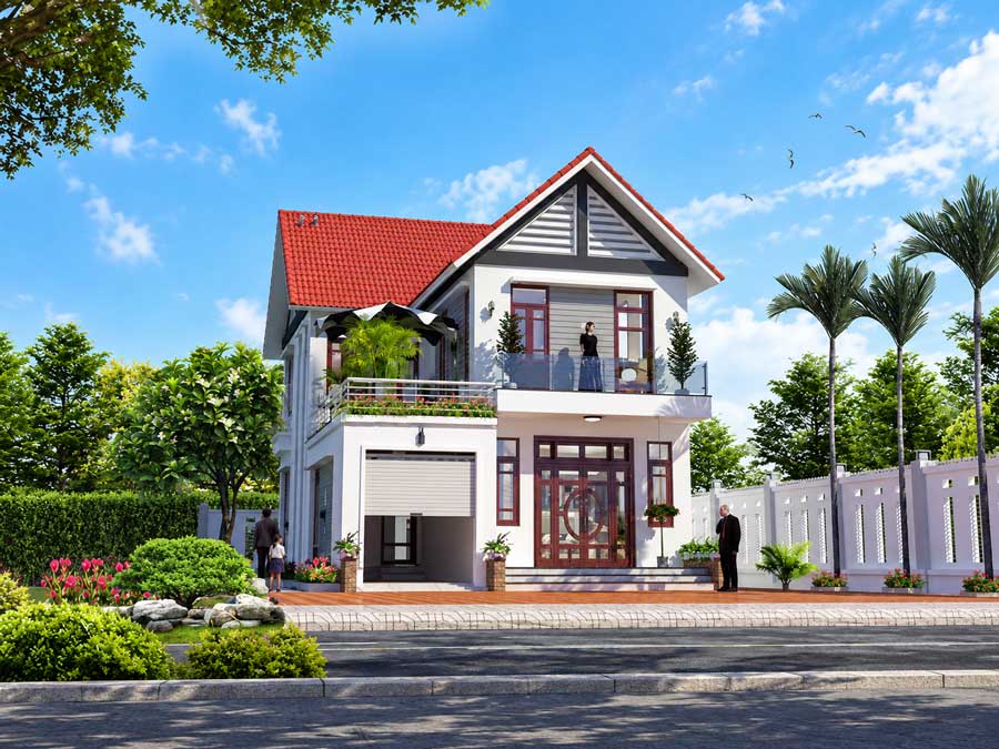 Mẫu nhà chữ L 2 tầng 70m2 có sân vườn