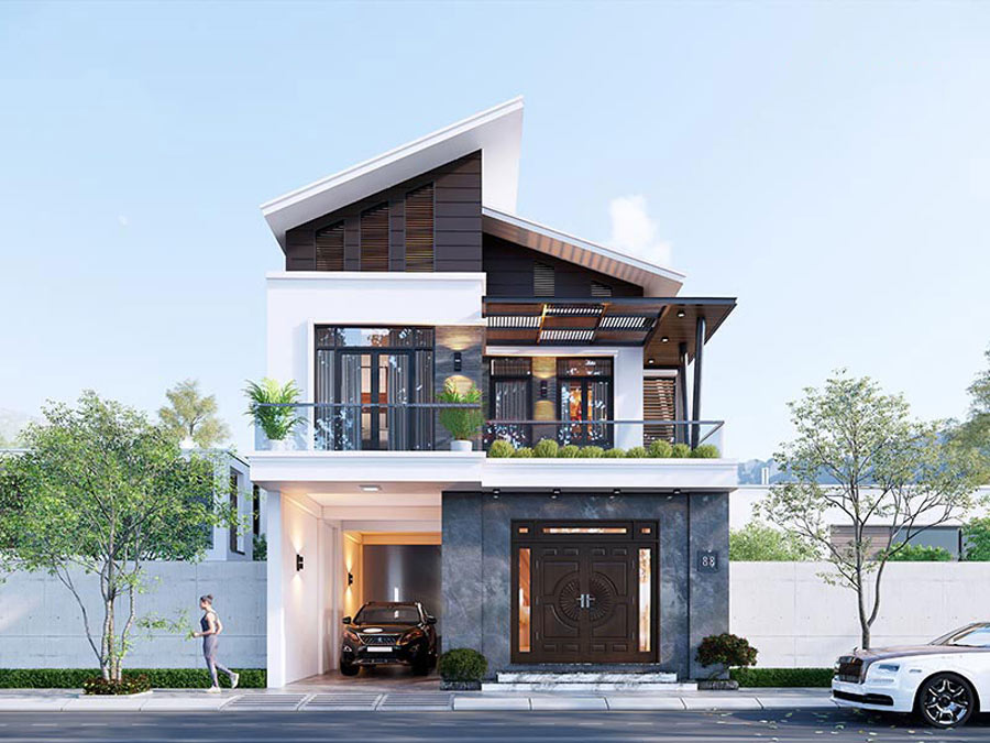 Mẫu nhà chữ L 2 tầng 70m2 mái lệch