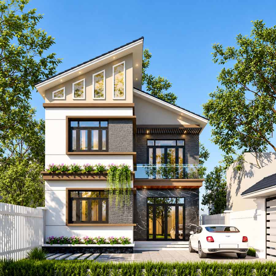 Mẫu nhà chữ L 2 tầng 70m2 mái lệch