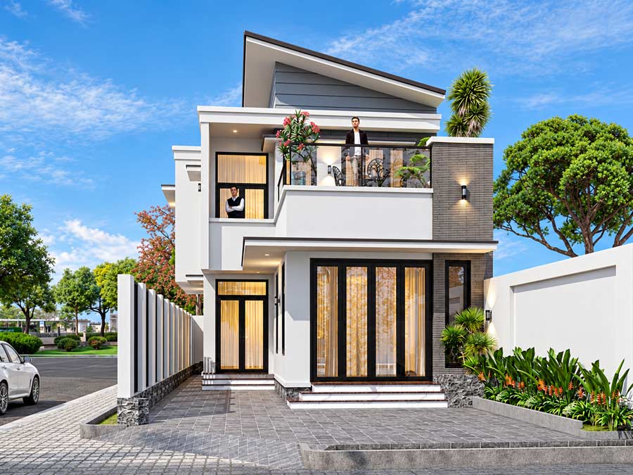 Mẫu nhà chữ L 2 tầng 70m2 mái lệch