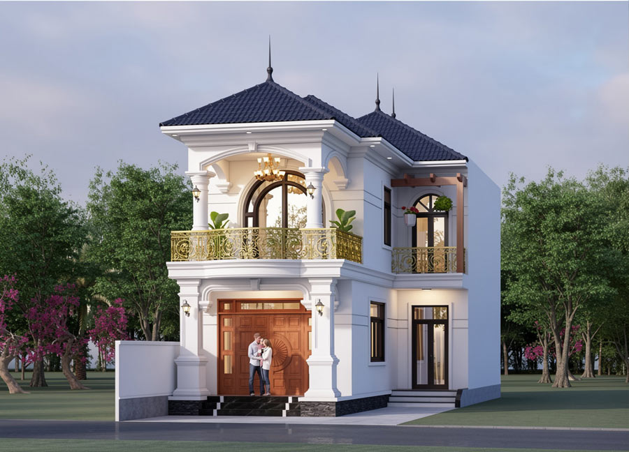 Mẫu nhà chữ L 2 tầng 70m2 mái Nhật