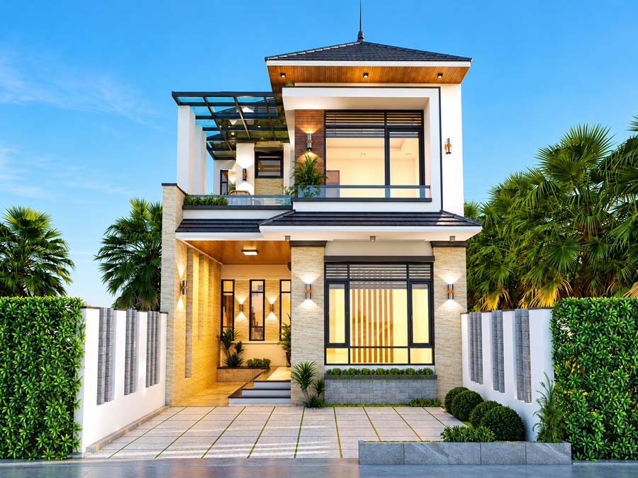 Mẫu nhà chữ L 2 tầng 70m2 mái Nhật