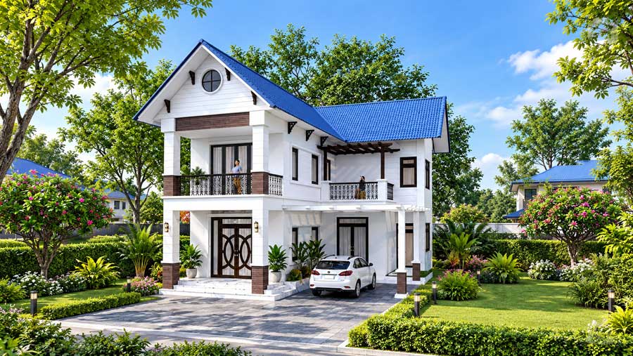 Mẫu nhà chữ L 2 tầng 70m2 mái Thái