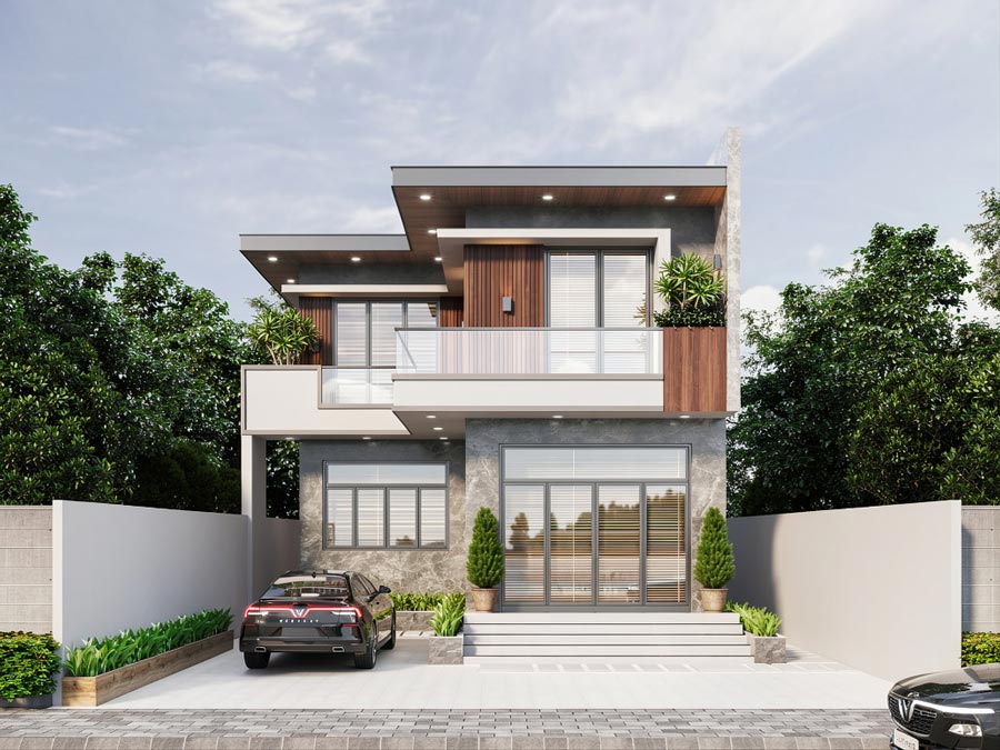 Mẫu nhà chữ L 2 tầng 70m2 mái bằng
