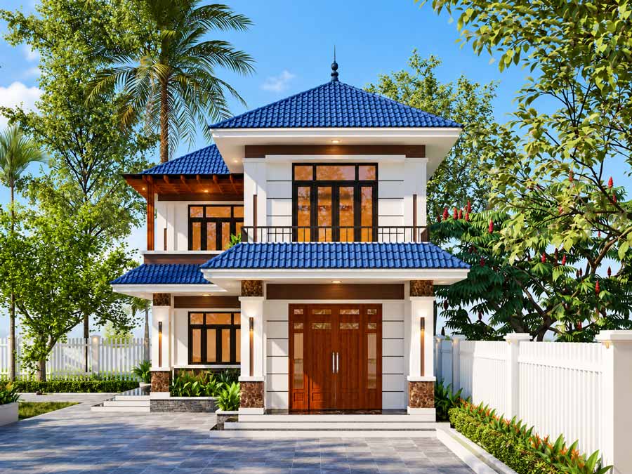 Mẫu nhà chữ L 2 tầng 70m2 đẹp ở nông thôn
