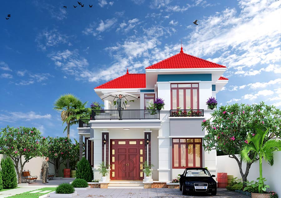 Mẫu nhà chữ L 2 tầng 70m2 đẹp ở nông thôn