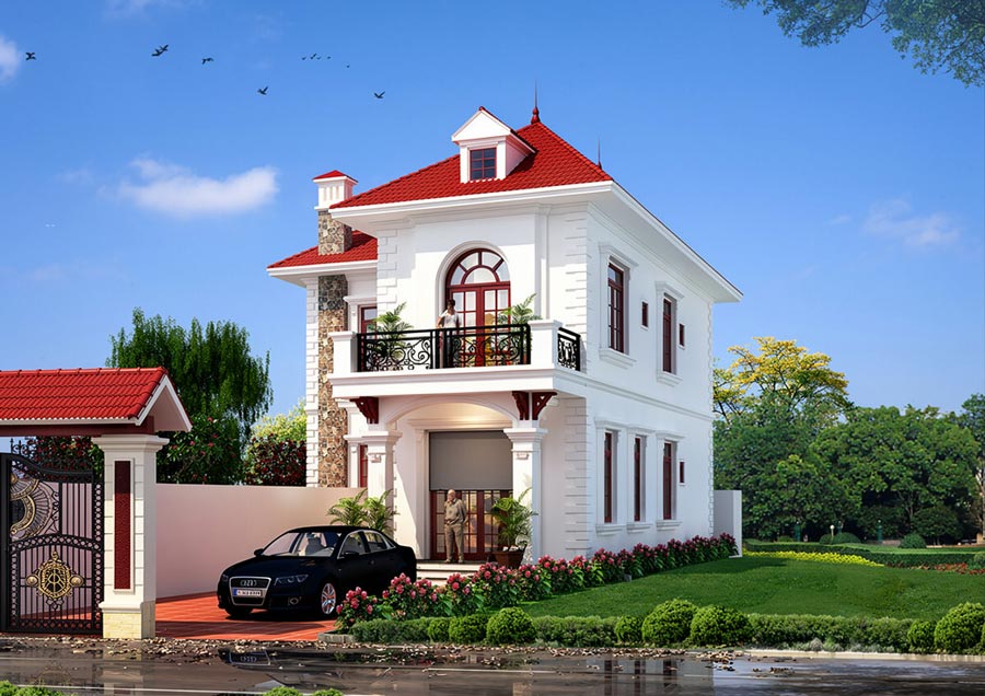 Mẫu nhà chữ L 2 tầng 70m2 đẹp ở nông thôn