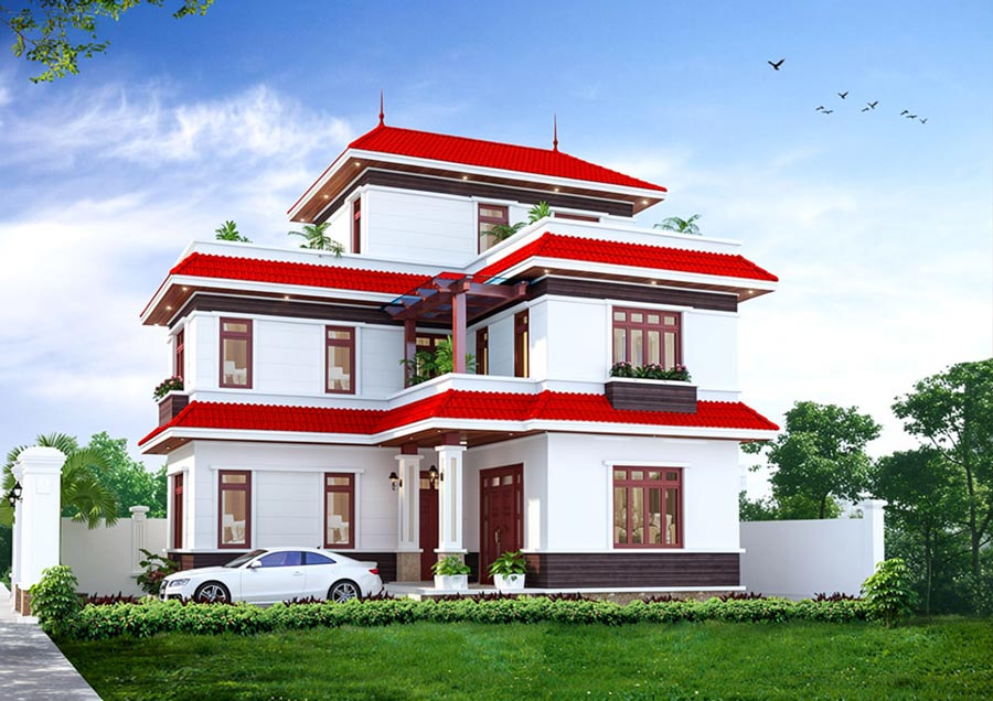 Mẫu nhà mái Thái 2 tầng 1 tum 4 phòng ngủ