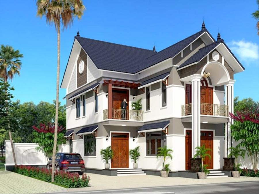 Mẫu nhà mái Thái 2 tầng 3 phòng ngủ chữ L