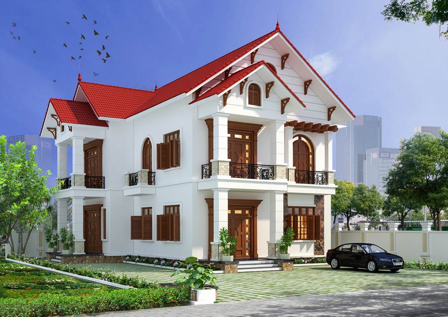 Mẫu nhà mái Thái 2 tầng 3 phòng ngủ chữ L