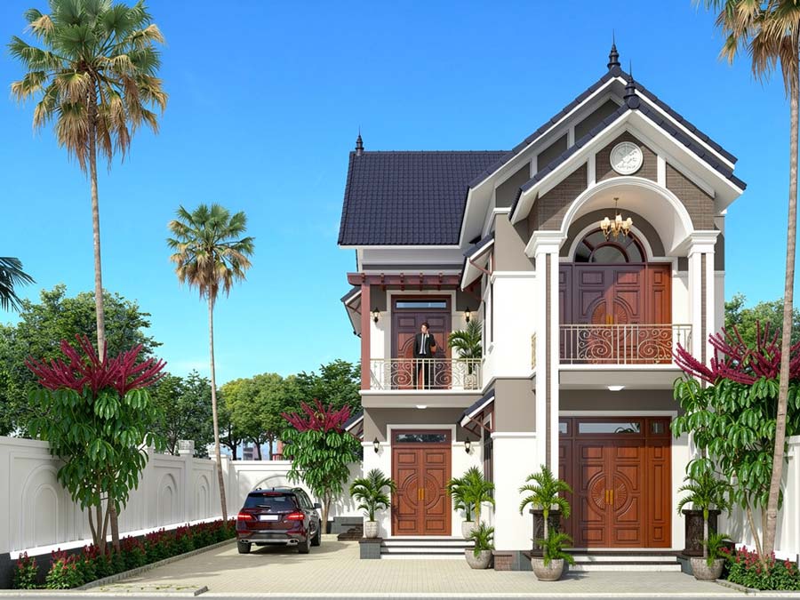 Mẫu nhà mái Thái 2 tầng 3 phòng ngủ chữ L