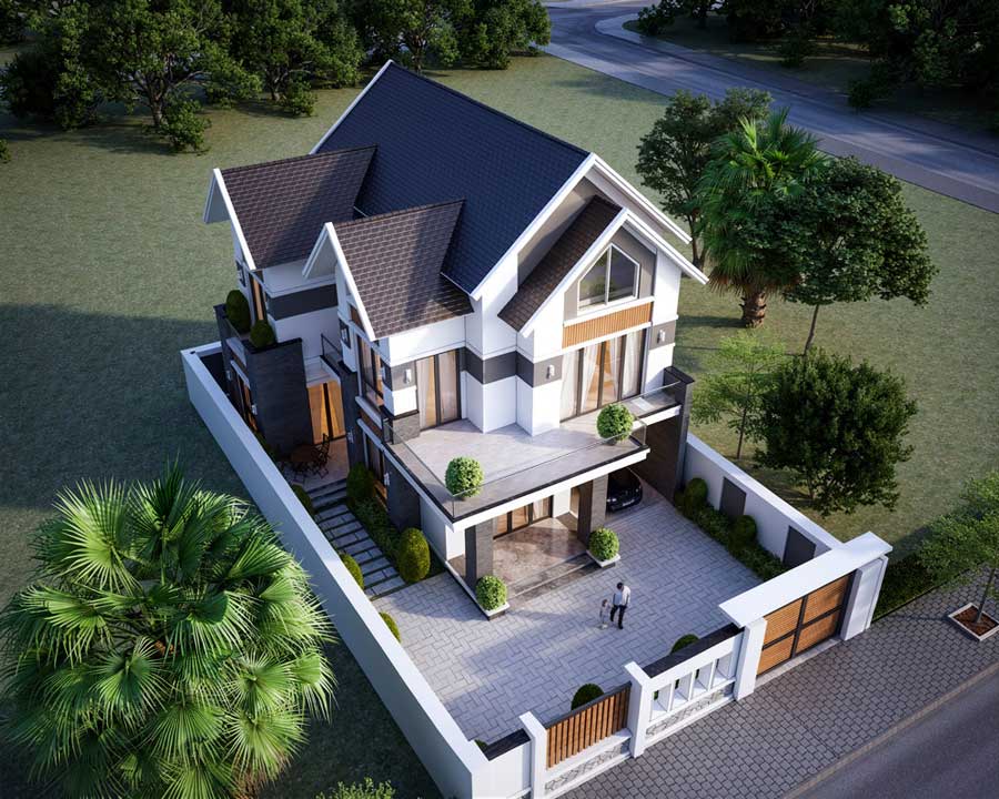 Mẫu nhà mái Thái 2 tầng 3 phòng ngủ có gara
