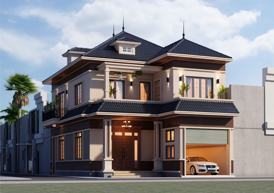 Mẫu nhà mái Thái 2 tầng 3 phòng ngủ có gara