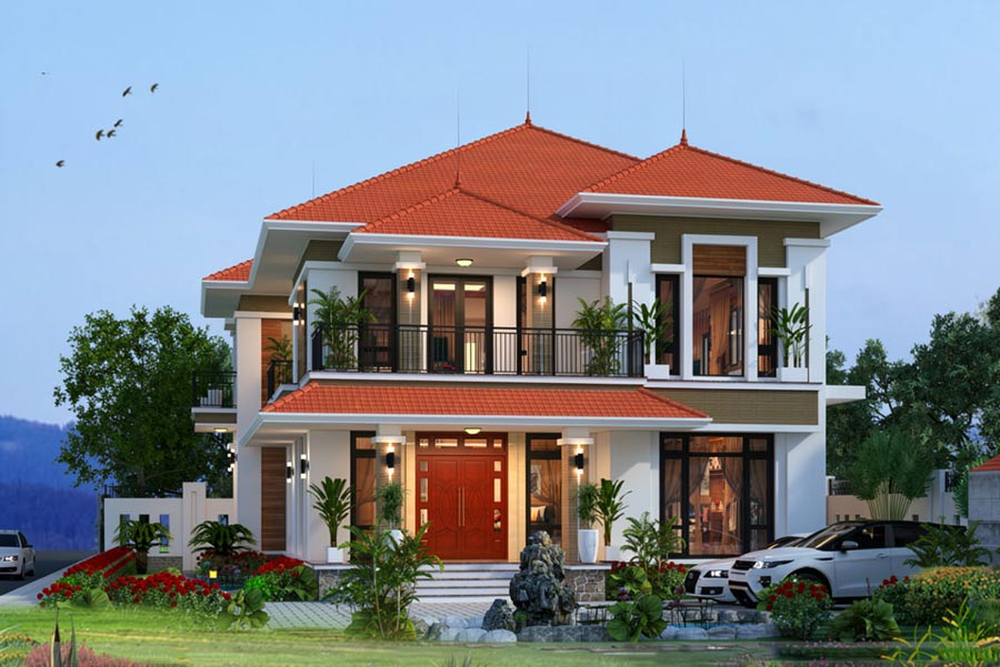Mẫu nhà mái Thái 2 tầng 3 phòng ngủ có sân vườn