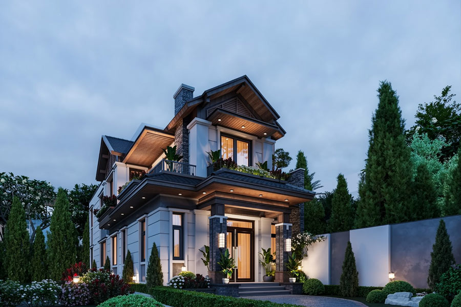 Mẫu nhà mái Thái 2 tầng 4 phòng ngủ 120m2