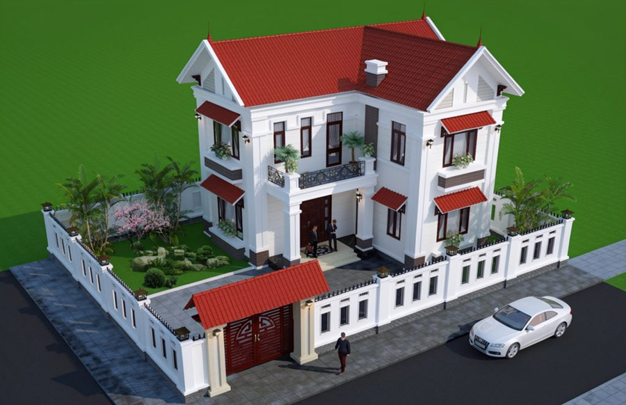 Mẫu nhà mái Thái 2 tầng 4 phòng ngủ chữ L
