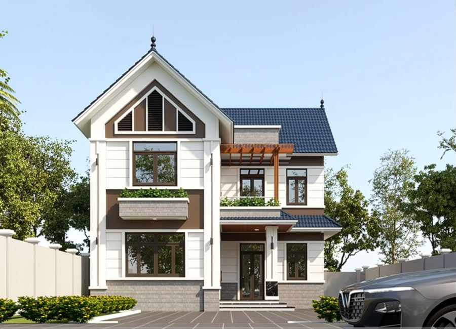Mẫu nhà mái Thái 2 tầng 4 phòng ngủ chữ L