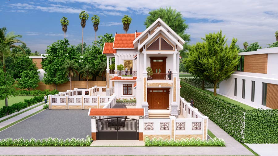 Mẫu nhà mái Thái 2 tầng 4 phòng ngủ chữ L